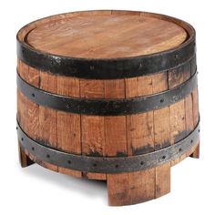 a wooden barrel table with metal straps on the top and bottom, sitting against a white background