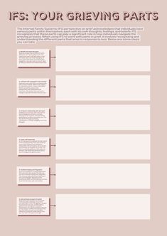 This worksheet offers a look at grief through an Internal Family Systems (IFS) Therapy lens, and offers tools to better understand and get to know your parts in grief with different steps an individual can take in getting to know their grieving parts, and working toward more Self-leadership in grief. Internal Family Systems Art Therapy, Ifs Therapy Worksheets, Internal Family Systems Worksheets, Ifs Therapy, Family Therapy Activities, Internal Family Systems, Healthy Coping Skills, Understanding Emotions, Family Systems