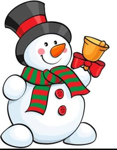 a snowman holding a bell and wearing a scarf