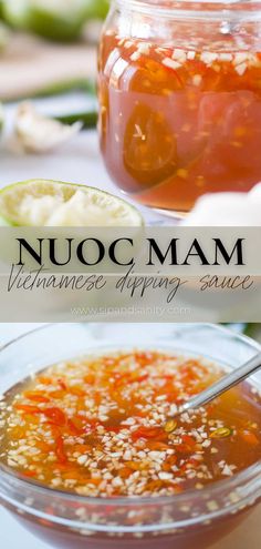 there is a bowl of food with sauce in it and the words nuoc mam above it