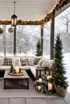 Christmas Porch Inspiration, Victorian Porch Christmas Decor, Christmas Decor Screened Porch, Outside Christmas Porch Decor, Christmas Screened Porch Decor, Sunroom Decorated For Christmas, Christmas Screen Porch Decorating Ideas, Christmas Decorations Porch Outdoor, Neutral Christmas Front Porch