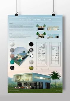 a poster with an image of a house and palm trees on the outside, in front of