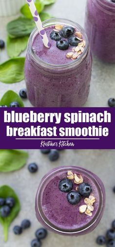 blueberry spinach breakfast smoothie in a mason jar and topped with fresh blueberries