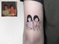 a couple of kids sitting next to each other on a arm with an ink drawing