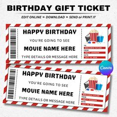 two red and white striped birthday ticket with movie tickets on the front, one for popcorn