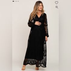 Size: Small A Lace Mesh Overlay Maternity Maxi Dress Featuring Beautiful Scalloped Trim, Semi-Sheer Long Cinched Sleeves And Back, A V-Neckline, And A Hook And Hidden Zipper Back Closure. Bust And Skirt Are Double Lined To Prevent Sheerness. Size + Fit * Length: 57" * Sleeve Length: 21.5" * Measured From: Small * Undergarments: May Be Worn With A Standard Bra Lace Black Maternity Dress, Sequin Maternity Dress, Black Maternity Dress, Pink Blush Maternity Dress, Cute Maternity Dresses, Maternity Dresses For Baby Shower, Long Sleeve Maternity Dress, Shower Dress, Maternity Black Dress