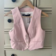 Zara Vest. Nwt Chic Spring Vest With Button Closure, Feminine Fitted Vest For Spring, Chic Fitted Vest For Spring, Chic Pink Vest, Pink Feminine Vest For Spring, Feminine Pink Vest For Spring, Pink Feminine Spring Vest, Feminine Pink Spring Vest, Zara Fitted Winter Vest