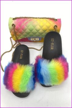 Black/White Sole Rainbow Color Fluffy Fur Slides F1203 - Furdela Door Shoes, Bling Flip Flops, Tie Dye Shoes, How To Dye Shoes, Jelly Bag, Cheap Shoes Online, Cute Slippers, Fashion Slippers, Black Kids Hairstyles