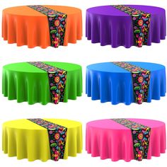 the table cloths are all different colors