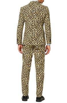 Prowl the party in fresh feline style sporting this slim, leopard-spotted suit composed of a dashing two-button jacket, crisply creased flat-front trousers and a matching tie. Jacket has a two-button closure, notch lapels; nonfunctional four-button cuffs; chest pocket; front flap pockets; side vents. Trousers have a zip fly with button-tab closure; front slant pockets; back welt pockets. Fully lined. 100% polyester. Dry clean or machine wash cold, dry flat. By OppoSuits; imported. The Rail. Button Jacket, Dark Beige, Jacket Buttons, Welt Pockets, Flap Pocket, Welt Pocket, Chest Pocket, Nordstrom Rack, Two Piece