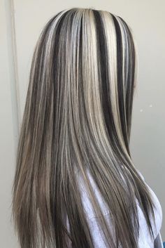 Diagonal Slice Highlights, Blind Highlights On Dark Hair, Dark Brown Hair With Peekaboos Blonde, Black And Blonde Hair Highlights, Black Lowlights In Blonde Hair, Skunk Hair Ideas, Skunk Hair Stripe, Black Highlights On Blonde Hair, Feathering Haircut