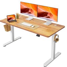 a computer desk with two monitors and a laptop on top of it, in front of a white background