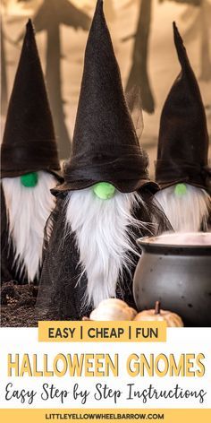 three halloween gnomes with green eyes and black hats are sitting in front of a caulder