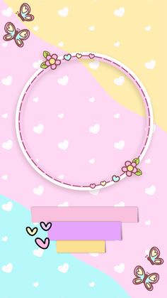 a pink and blue background with hearts, butterflies and flowers on the bottom right corner