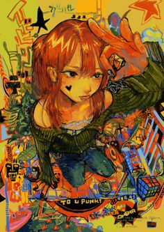 a painting of a girl with red hair and green shirt on, surrounded by graffiti