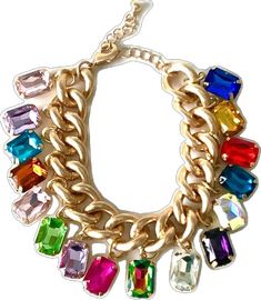 Gold Jewelry For Gifts, Gold Jewelry With Jewels For Gift, Gold Jewelry Suitable For Gifts, Multicolor Crystal Chain Jewelry, Multicolor Chain Bracelets For Party, Multicolor Crystal Jewelry With Chain, Multicolor Chain Bracelet, Multicolor Chain Bracelet Jewelry, Metal Crystal Bracelet Costume Jewelry