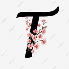 the letter t with flowers on it is black and has pink flowers growing out of it