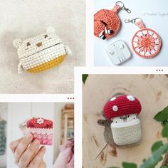 crocheted keychains and purses are shown in four different pictures, including one with a mushroom