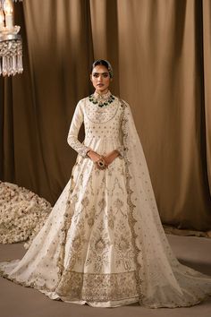 Elegant Lawn Suit With Dabka For Wedding, Anarkali Lawn Suit For Wedding With Traditional Drape, Elegant Wedding Sherwani With Sheer Dupatta, Elegant Lawn Suit With Dabka For Reception, Organza Lehenga With Naqshi For Reception, White Naqshi Anarkali Set For Wedding, Elegant Gown With Naqshi For Reception, Elegant Festive Gown With Naqshi Detailing, Elegant Reception Gown With Naqshi Detailing