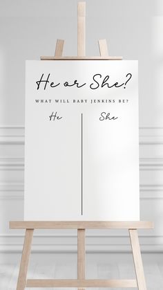 He or She Baby Shower Game, What will Baby Be? in a Minimal elegant theme Shown printed on an Easel Gender Guessing Ideas, Gender Reveal Guess Board, Gender Reveal Guessing Game, Gender Reveal Ideas Games, Gender Reveal Games Ideas, Gender Reveal Games For Guests, Gender Reveal Games Activities, Baby Gender Reveal Party Games, Gender Reveal Board