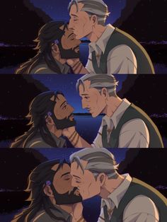 two men are kissing each other in front of the night sky