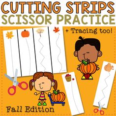 cutting strips for scissors practice to teach children how to cut pumpkins and fall leaves