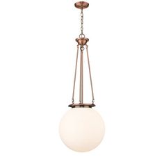 a light hanging from a ceiling fixture with a white glass ball on the bottom and an antique brass finish