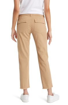 With a slim-yet-slouchy fit and casual frayed hems, these Italian peached-twill utility pants are the perfect melding of Italian-Riviera cool and SoCal chill. Zip fly with hook-and-bar closure Front patch pockets; back flap-patch pockets 97% cotton, 3% elastane Machine wash, line dry Made in the USA of imported fabric Fall Cargo Cropped Pants, Fall Cargo Style Cropped Pants, Fall Cropped Cargo Pants, Spring Straight Leg Bottoms With Flap Pockets, Utility Pants With Flap Pockets, Cropped Cargo Style Workwear Bottoms, Cropped Cargo Bottoms For Workwear, Mid-rise Bottoms With Flap Pockets For Spring, Spring Mid-rise Bottoms With Flap Pockets