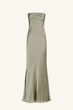 a women's dress in satin material with an asymmetrical neckline