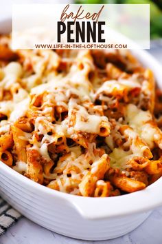 a casserole dish filled with pasta and cheese