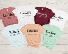 six t - shirts with the words wednesday, saturday, and sunday printed on them