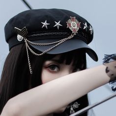 ❤Studded Army Motif Strap Casquette❤ Anime Lingerie, Uniform Dress, Kawaii Dress, Cap Dress, Maid Dress, Black Cap, Military Uniform, Kawaii Clothes, One Piece Dress