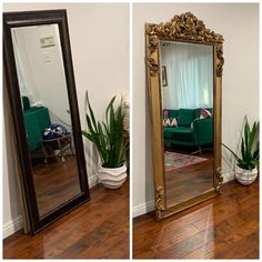 a large mirror sitting on top of a hard wood floor next to a green couch