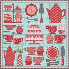 a quilt pattern with red and white patterns on it, including teapots, cups, spoons and utensils