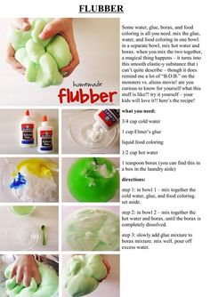 the instructions for how to make fluber soaps with green and yellow liquid on them