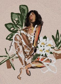 a painting of a woman sitting on the ground with flowers in her lap and hands behind her back