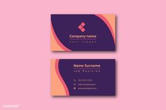 two business cards with an abstract design on the front and back, both in purple and orange