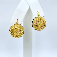 "Please click -- Learn more about this item -- below for a full description Thank you for watching:  22K Solid Yellow Gold Earrings Drop Dangle Kidney Wire Genuine Handcrafted Specifications - Brand: \"GoldShine - Treasure For Generations\" - Style: Kidney Wire Drop/Dangle - Size: 0.75\" (1.9 cm) height, width 0.65\" (1.66 cm)  Please see the comparison with US Quarter in pic, earrings may appear bigger in pictures) - Fastening: Kidney wire / Ear wire - Ideal for: Females - Metal: Genuine 22 Karat yellow gold (100% guaranteed), stamped 916 - Weight: 4.66 gm approx.   (SKU: 916-5309) * Please allow small variance, if any, in ALL measurements Important Notes - Jewelries may look bigger and chains slightly thicker in pictures - Please check specifications for true size/thickness/height - Jewe Yellow Gold Earrings, Gold Earring, Earrings Drop, Yellow Gold Earring, Stunning Jewellery, Fine Jewellery Earrings, Solid Yellow, Jewelry Bags, Ear Wire