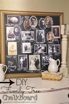 a black and white photo with many family photos on it next to a candle holder