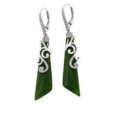 Jade of Yesteryear Jade and CZ Sterling Silver Swirl Drop Earrings Set in swirls of sterling silver and cubic zirconia, these jade earrings bring timeless elegance to any ensemble.       Approx. 2-5/16"L x 3/8"W     Stamped .925 sterling silver; platinum plating     Pierced with leverbacks   Stone Information       All sizes and weights approximate     Light Green Jade - Triangular (40x10x4.5mm)     Dark Green Jade - Triangular (40x10x4.5mm)     Green Nephrite Jade - Triangular (40x10x4.5mm) Jade Jewelry Chinese, Jade Earrings, Nephrite Jade, Color Bands, Wedding Watch, Jade Jewelry, Green Jade, Earrings Set, Earring Set