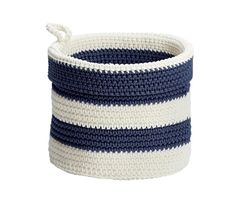 a white and grey striped basket