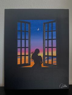 a painting of a woman looking out an open window at the sunset