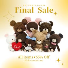 a group of stuffed animals sitting next to each other with the words final sale written on them