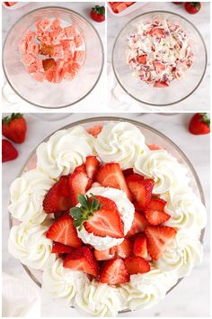 four different pictures of strawberries and whipped cream on a cake plate with the top one being sliced