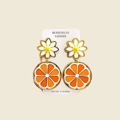 Orange Slice Statement Earrings Nickel Free Flower Earrings For Summer, Summer Dangle Clip-on Earrings As A Gift, Nickel-free Flower Drop Earrings For Summer, Summer Gift Dangle Clip-on Earrings, Orange Bohemian Jewelry For Summer, Bohemian Orange Jewelry For Summer, Summer Clip-on Drop Earrings As Gift, Bohemian Dangle Earrings For Spring, Trendy Nickel-free Summer Earrings