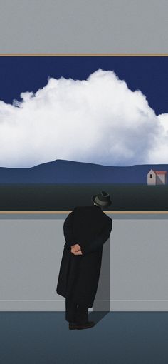 a painting of a man standing in front of a cloud