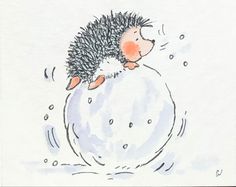 a drawing of a hedge sitting on top of a snowball with its head in the air