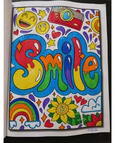 a coloring book with the word smile written in colorful letters and smiley faces on it