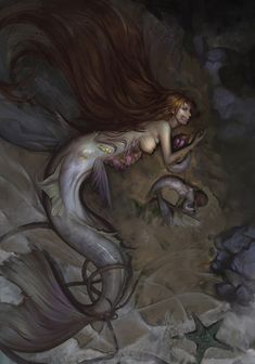 a painting of a mermaid with long hair