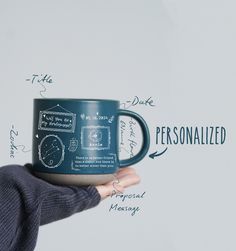 a person holding a coffee mug with the words personalized written on it in different languages